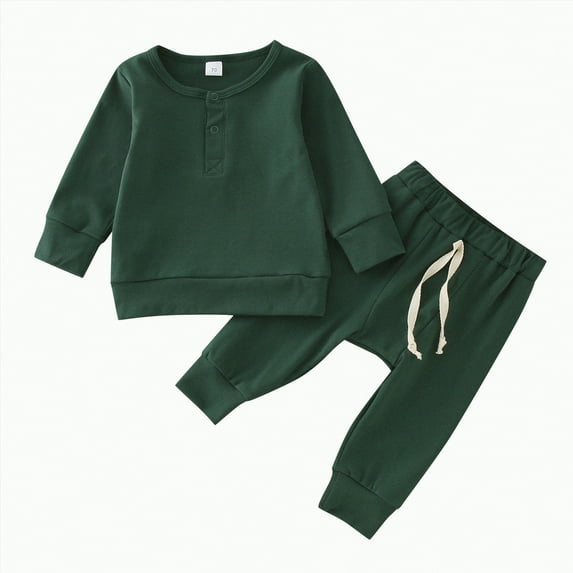Toddler Boys Clothes Spring Fall Button Front Long Sleeve Elastic Waist 6 9 12 18 24 Months Everyday Outfit Set 2 Piece