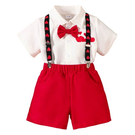 Toddler Boys Clothing Sets Short Sleeve Bow Design Lapel Print Shirt and Shorts Set Valentine‘s Day Clothes