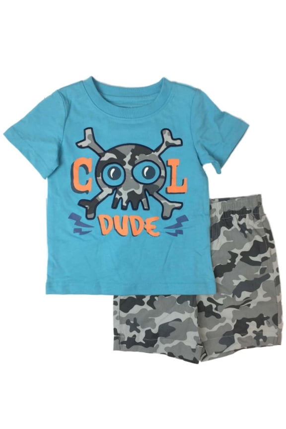 Toddler Boys Cool Dude Outfit Skull & Crossbones Shirt & Camo Shorts Set 2T