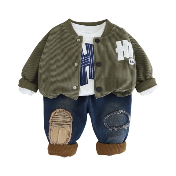 Toddler Boys Corduroy Jacket and Distressed Denim Pants Set Casual Outfit Long Sleeve Top with Patchwork Design