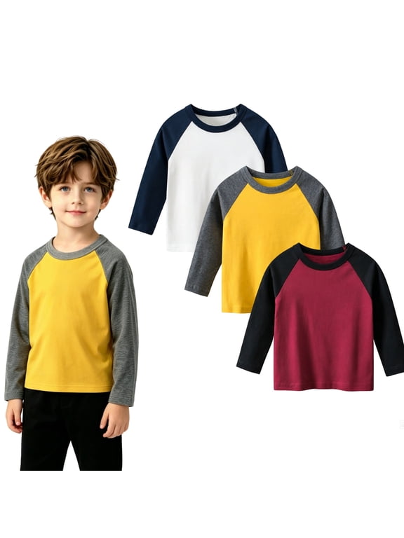 Toddler Boys Cotton T Shirt 3 Pack Long Sleeve Shirts for 2-8 Years