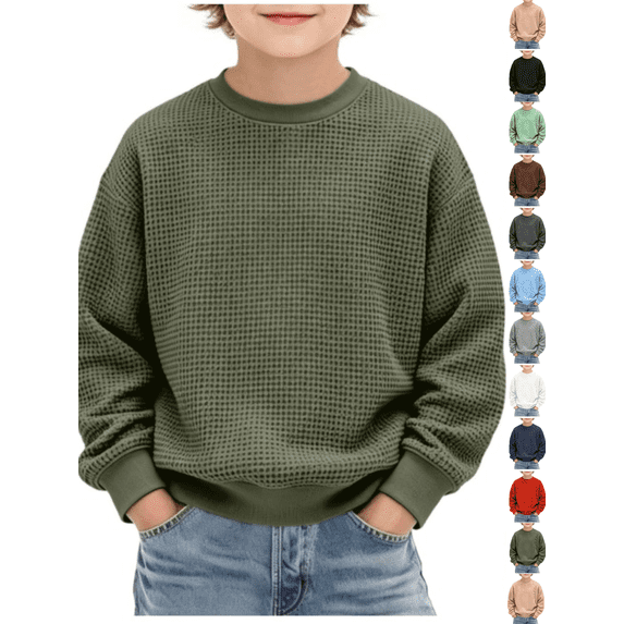 Toddler Boys Crewneck Sweatshirts Kids Waffle Knit Pullover Tops Long Sleeve Casual Shirts Fall Winter Thermal Basic Activewear Casual Clothes