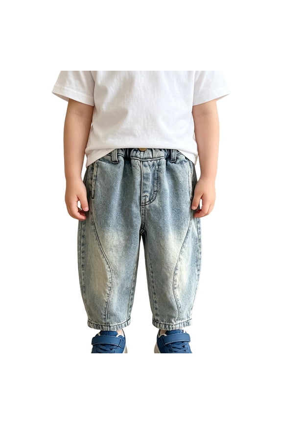 Toddler Boys' Curved Seam Baggy Jeans, Elastic Waist Light Wash Casual Denim Harem Pants Blue 90
