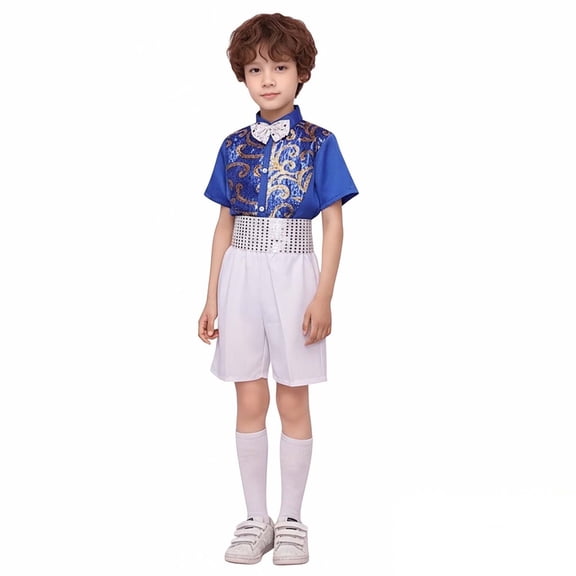Toddler Boys Dance Sparkly Dance Short Sleeve Top and Pants Outfit Set School Dance Dresses Street Dance Outerwear 3-4 Years