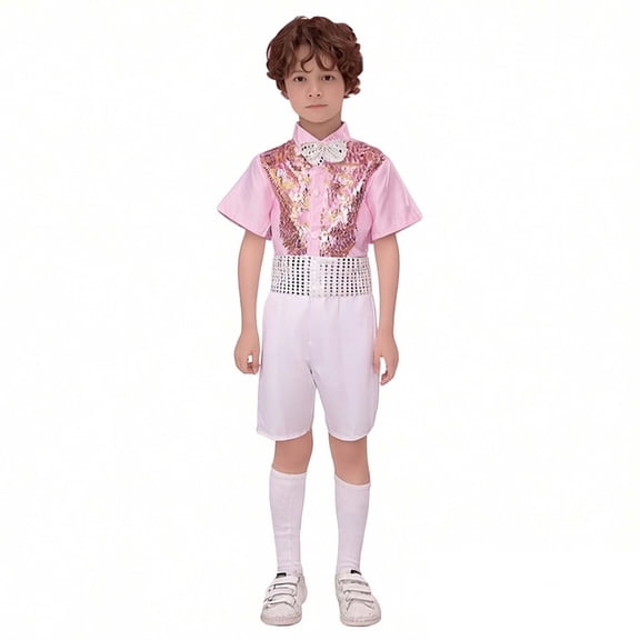 Toddler Boys Dance Sparkly Dance Short Sleeve Top and Pants Set Disco Outfit Dance Performance Outerwear 3-4 Years