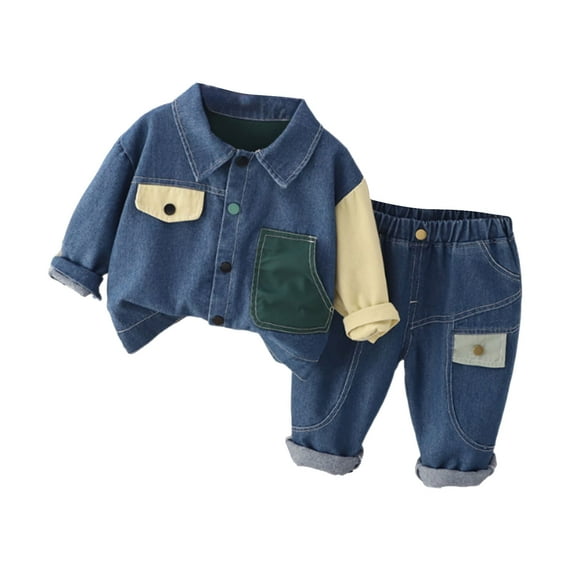 Toddler Boys Denim Outfit Set Long Sleeve Patchwork Shirt with Pockets and Elastic Waist Pants Casual Clothing Set