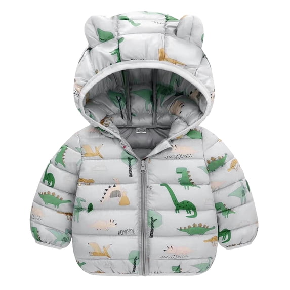 Toddler Boys Dino Print Puffer Jacket Hooded Bear Ears Zip Up Winter Warm Coat 12-18 Months