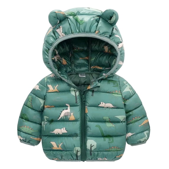 Toddler Boys Dino Print Puffer Jacket Hooded Bear Ears Zip Up Winter Warm Coat 18-24 Months