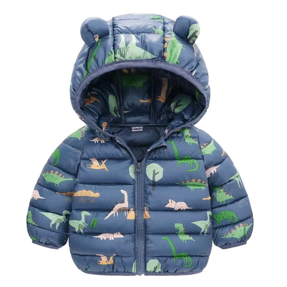 Toddler Boys Dino Print Puffer Jacket Hooded Bear Ears Zip Up Winter Warm Coat 3-4 Years