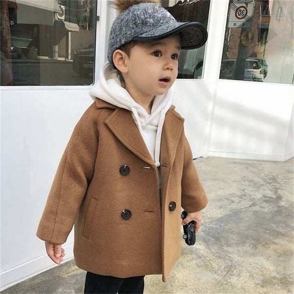 Toddler Boys Double Breasted Wool Blend Coat Notched Collar Plaid Pea Coat Kids Winter Warm Jacket For Ages 1-5 Years