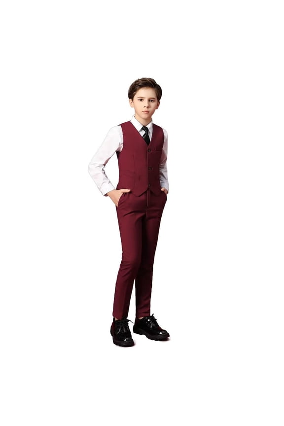 Toddler Boys Dress Suit Formal 4PCS Wedding Ring Bearer Outfit Kids Suit Set Burgundy 3T
