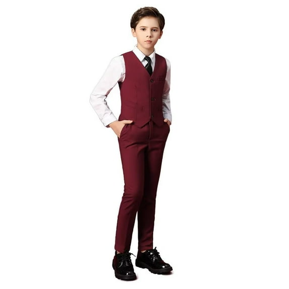 Toddler Boys Dress Suit Formal 4PCS Wedding Ring Bearer Outfit Kids Suit Set Burgundy 6 Years