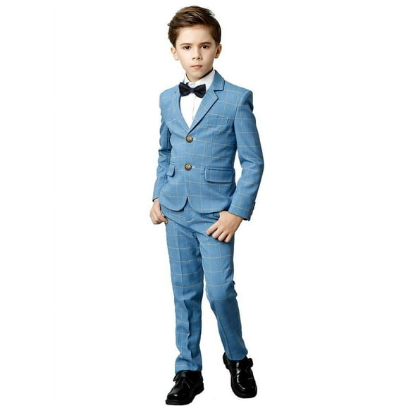 Toddler Boys Dress Suit Formal 5PCS Wedding Ring Bearer Outfit Kids Suit Set Blue Plaid 8 Years