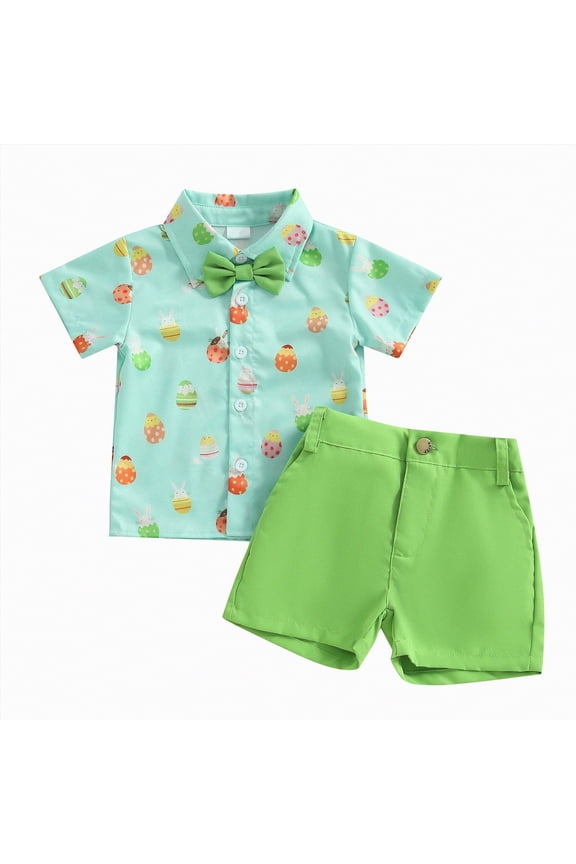 Toddler Boys Easter 2 Piece Outfit Sets Cute Print Short Sleeve Shirt with Bow Tie and Shorts Set Kids Daily Play Clothes