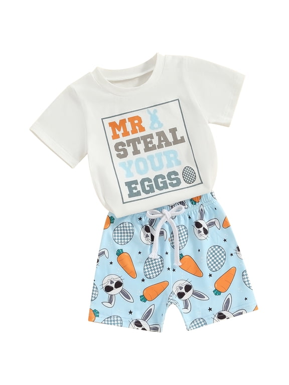 Toddler Boys Easter Outfits 6 12 18 24 Months 2T 3T 4T Baby Summer Boy Clothes Letter Print Short Sleeve T-Shirt and Elastic Shorts for 2 Piece Vacation Kids Clothing Set