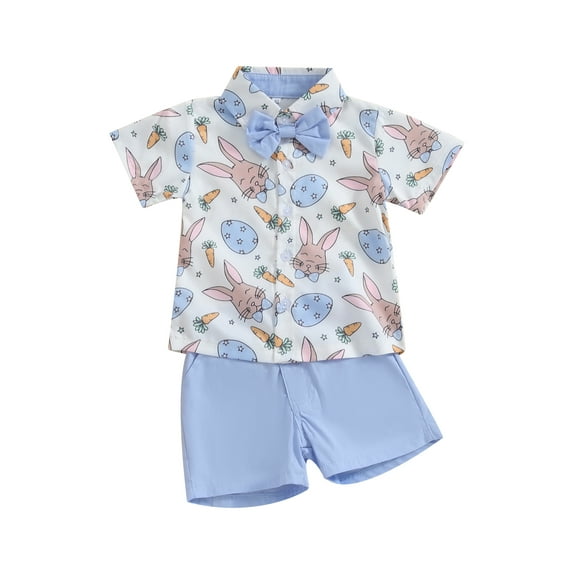 Toddler Boys Easter Outfits Carrot Rabbit Print Bowtie Short Sleeve Shirts Tops and Shorts 2Pcs Summer Clothes Set