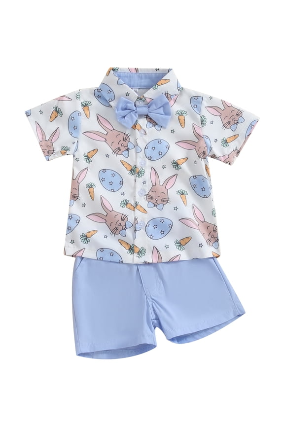 Toddler Boys Easter Outfits Carrot Rabbit Print Bowtie Short Sleeve Shirts Tops and Shorts 2Pcs Summer Clothes Set
