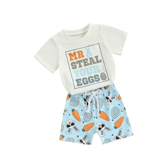 Toddler Boys Easter Outfits Letter Print Short Sleeve T-Shirt Tops Elastic Shorts for 2 Piece Vacation Clothes Set