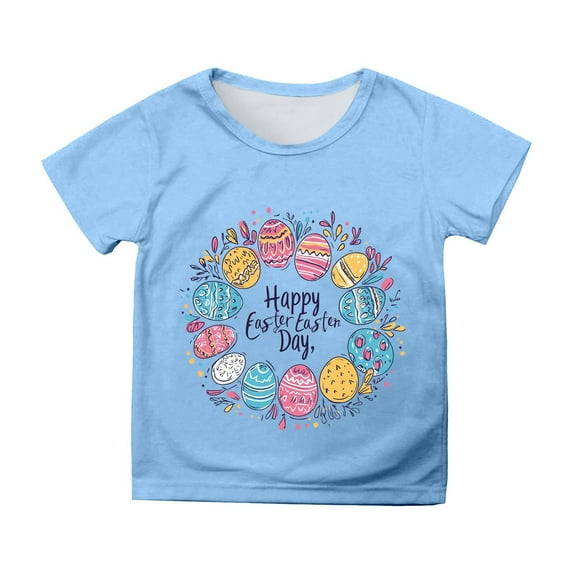 Children's Easter Shirts Toddler Girls Cute Easter Eggs Printed T-Shirts Short Sleeve Casual Crewneck T-Shirt Funny Bunny Shirt Oversized Kids Tops Z01-Sky Blue 12-13 Years