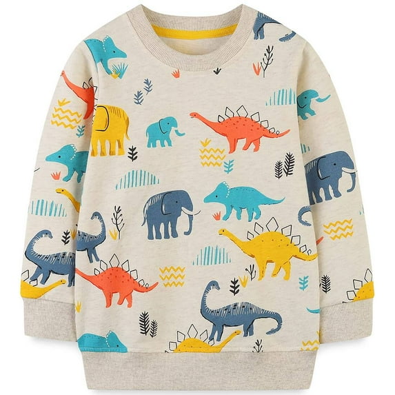 Toddler Boys Fall Clothes Off-White Dinosaur Crewneck Cotton Sweatshirts Size 7 (191)