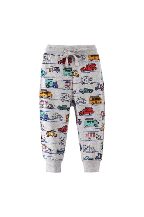 Toddler Boys Fashion Pants Kids Girls Sport Cartoon Car Prints With Drawstring Casual Summer Pants Size 2-3T