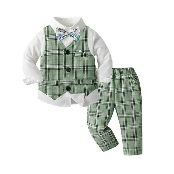 Toddler Boys Formal Suits Vest Long Sleeve T Shirt Tops Plaid Vest Coat Pants Child Kids Gentleman Outfits Size 3 Years-4 Years