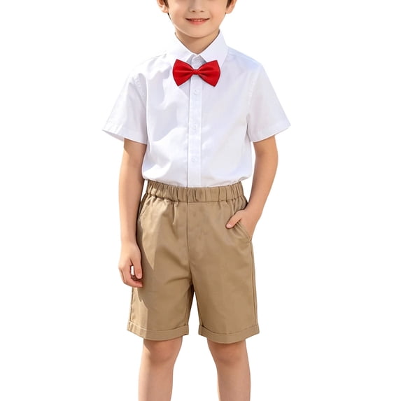 Toddler Boys Gentleman Suit 2 Piece Set Short Sleeve Button Down Dress Shirt With Bowtie And Elastic Waist Pocket Shorts Outfit Cute Formal Wedding Party Clothes
