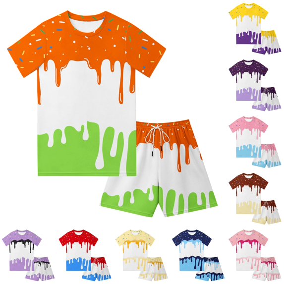 Toddler Boys Girls 2 Piece Outfits Short Sleeve Kids Ice Cream Print T-Shirt and Shorts Set Summer Cool Clothes Sets Cute Cartoon Vacation Clothing Cute Outfits