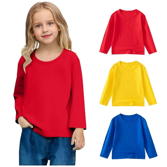 Toddler Boys Girls 3 Pack Cotton T-Shirts, Baby Fall Long Sleeve Solid Crewneck Tees