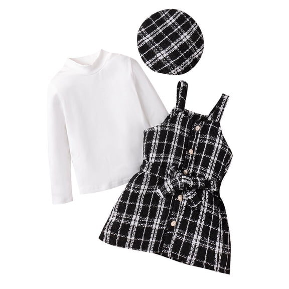 Toddler Boys Girls Autumn Set White Pullover Striped Long Sleeve Top   Plaid Camisole Belted Dress   Plaid Hat