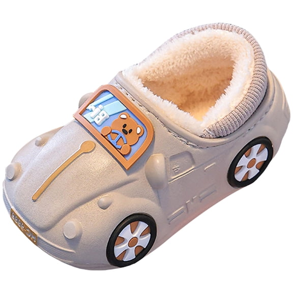 Toddler Boys Girls Cartoon Car Plush House Shoes Winter Warm Slip On Wide Toe Box Shoes Fleece Lined Non Slip Fuzzy Slippers Gray Size 8.5 Toddler