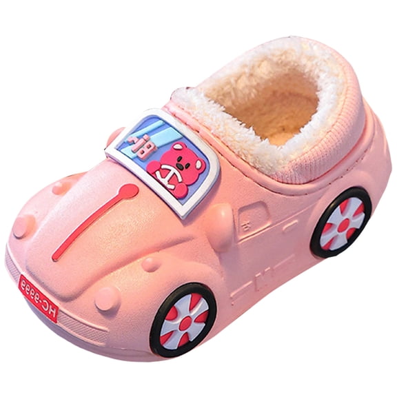 Toddler Boys Girls Cartoon Car Plush House Shoes Winter Warm Slip On Wide Toe Box Shoes Fleece Lined Non Slip Fuzzy Slippers Pink Size 12.5 Little Child