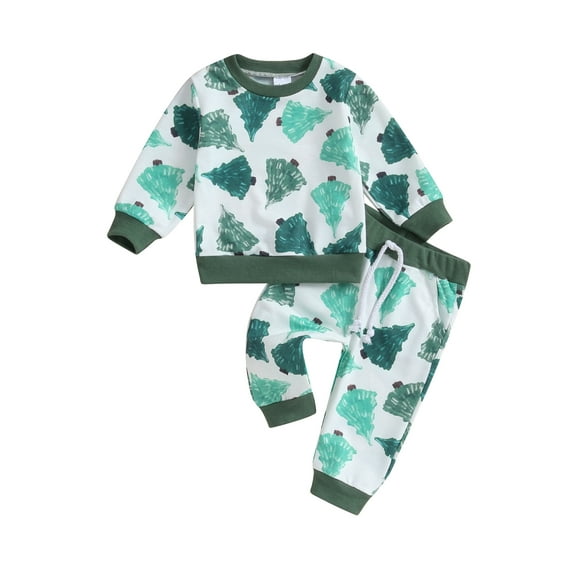 Toddler Boys Girls Christmas Outfits Christmas Tree/Snowman/Gingerbread Man Print Sweatshirts Pants 2Pcs Fall Clothes Set