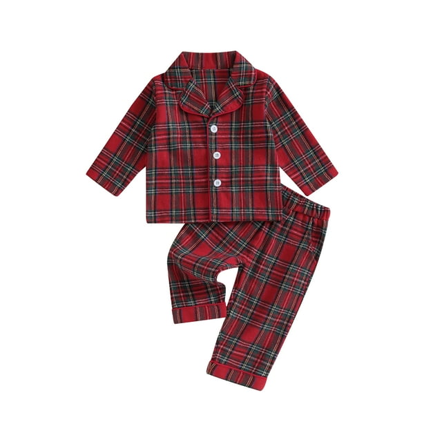 Toddler Boys Girls Christmas Pajamas Set Plaid Button up Long Sleeve