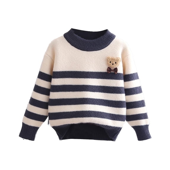 Toddler Boys Girls Crewneck Sweater Baby Striped Knit Pullover Soft Warm Winter Fall Jumper for Kids Navy 11-12 Years