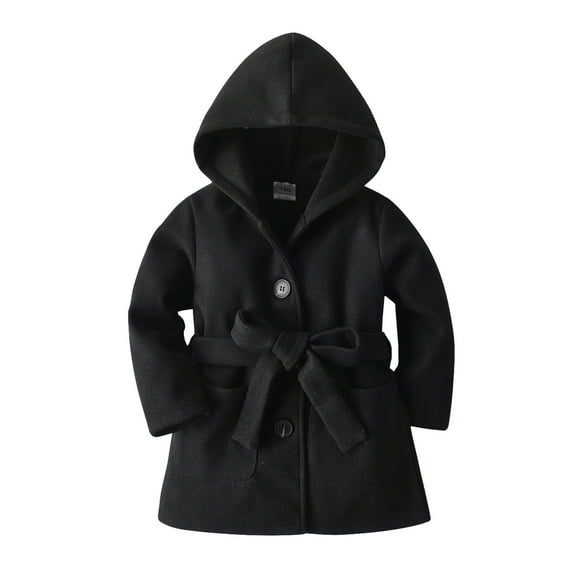 Toddler Boys Girls Cute Coat Winter Long Sleeve Warm Hooded Belt Solid Color Babys Black Jackets For Boys Girls Size 4-5T