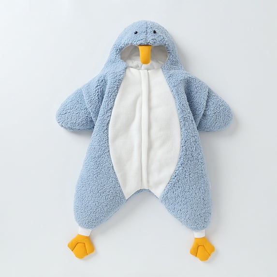 Toddler Boys Girls Cute Homewear Clothes Solid Color Penguin Warm Fleece Thicken Zipper Hoodie Sleeping Bag