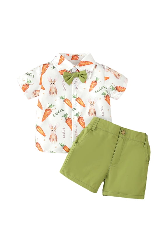 Toddler Boys Girls Easter Outfit Short Sleeve Rabbit Print T Shirt Shorts Gentleman Playwear for Kids Spring Holiday,Green,4-5 Years