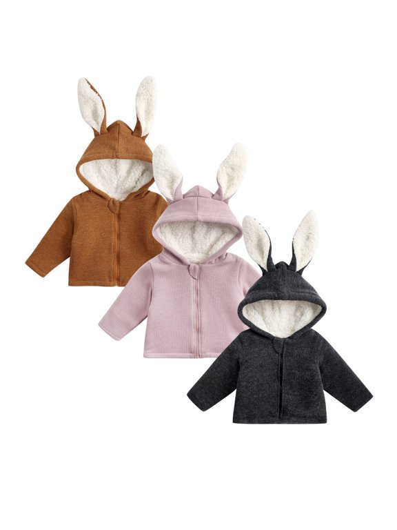Toddler Boys Girls Fleece Lined Hooded Jackets With Cute Rabbit Ear Zip Up Winter Warm Outerwear Coat 12-18 Months Jacket for Little Kids