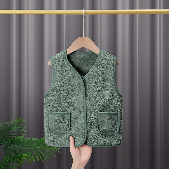 Toddler Boys Girls Fleece Vests Kids Sleeveless Loungewear Jacket Gilet Fall Winter Outerwear Fuzzy Waistcoat with Pockets Green 1Y