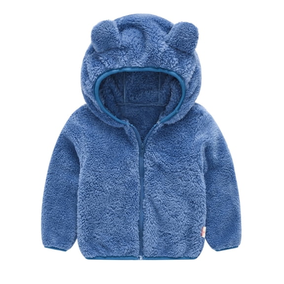 Toddler Boys Girls Hooded Jacket Fleece Hoodie Winter Warm Solid Color Teddy Coat Zip-up Bear Ear Sweater Fall Clothes(Color:Blue,Size:3-4 Years)
