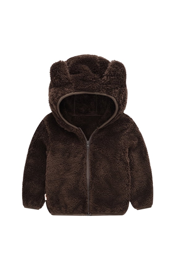 Toddler Boys Girls Hooded Jacket Hoodie Winter Warm Solid Color Teddy Coat Zip-up Bear Ear Sweater Fall Clothes(Color:Brown,Size:3-4 Years)