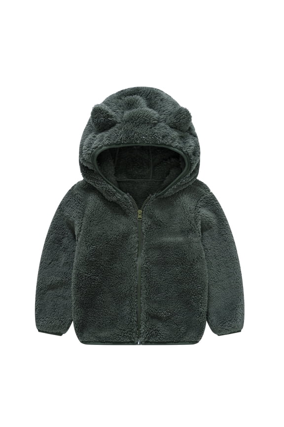 Toddler Boys Girls Hooded Jacket Fleece Hoodie Winter Warm Solid Color Teddy Coat Zip-up Bear Ear Sweater Fall Clothes(Color:Dark Gray,Size:2-3 Years)