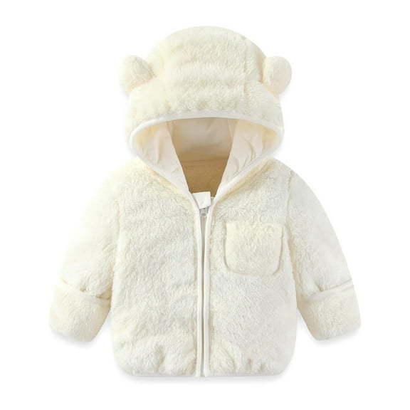 Toddler Boys Girls Hooded Jacket Hoodie Winter Warm Solid Color Teddy Coat Zip-up Bear Ear Sweater Winter Clothes(Color:Beige,Size:12-18 Months)