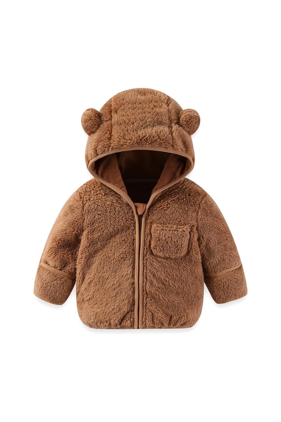 Toddler Boys Girls Hooded Jacket Hoodie Winter Warm Solid Color Teddy Coat Zip-up Bear Ear Sweater Winter Clothes(Color:Brown,Size:2-3 Years)