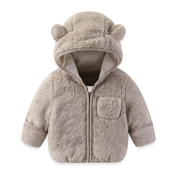 Toddler Boys Girls Hooded Jacket Hoodie Winter Warm Solid Color Teddy Coat Zip-up Bear Ear Sweater Winter Clothes(Color:Khaki,Size:2-3 Years)