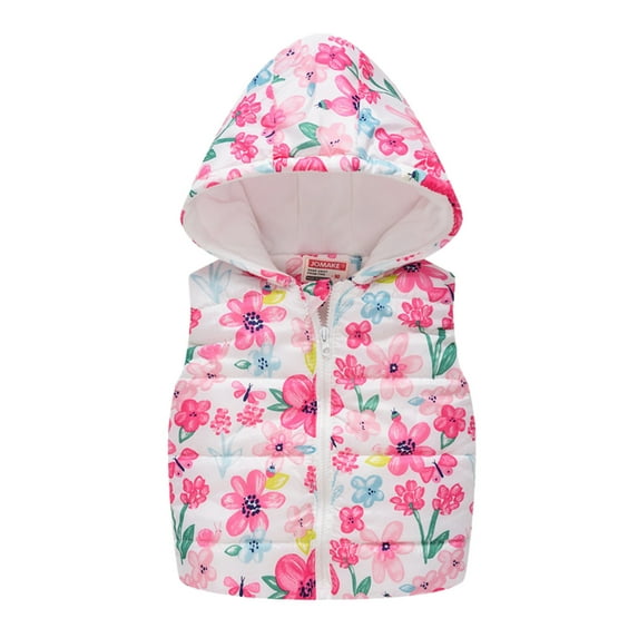 Toddler Boys Girls Hooded Puffer Vest Padded Warm Winter Jacket Kids Floral Print Sleeveless Windproof Zip Up Coat