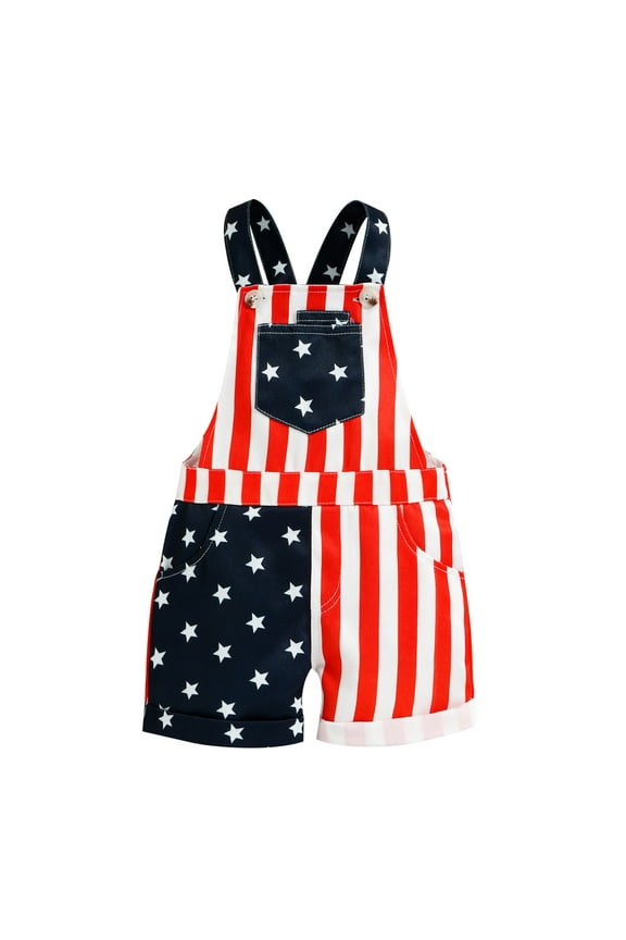 Toddler Boys Girls Independence Day Striped Printed Overalls Shorts With Pocket Suspender Trousers Romper 4th Of July Jumpsuit