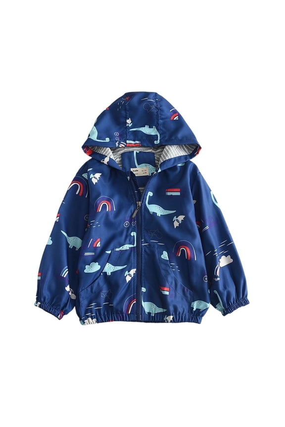 Toddler Boys Girls Jacket Lightweight Hooded Windbreaker Kids Water-Resistant Light Rain Jacket Print Outwear Blue 5-6 Years
