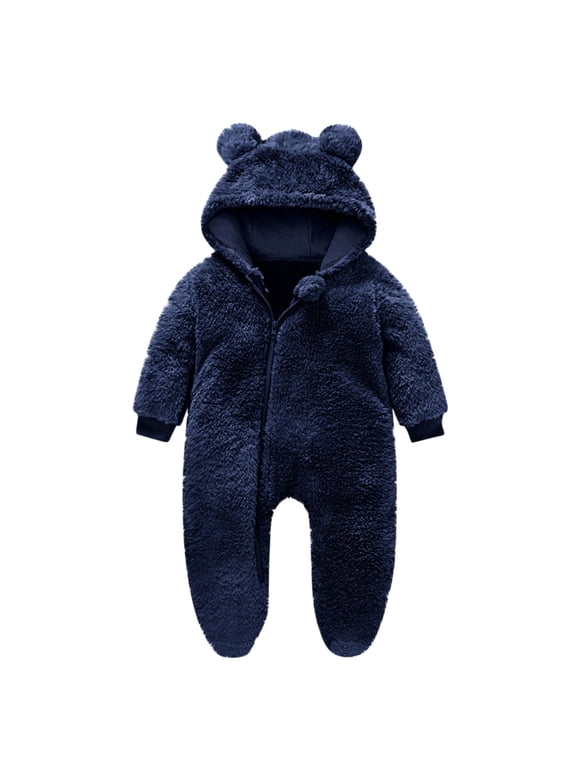 Winter Baby Clothes Keep Warm Fleece Thick Onesie Cute Ear Hooded Jumpsuits Newborn Boys Girls Romper Kids Coats Jackets(6-9 Months,Dark Blue)